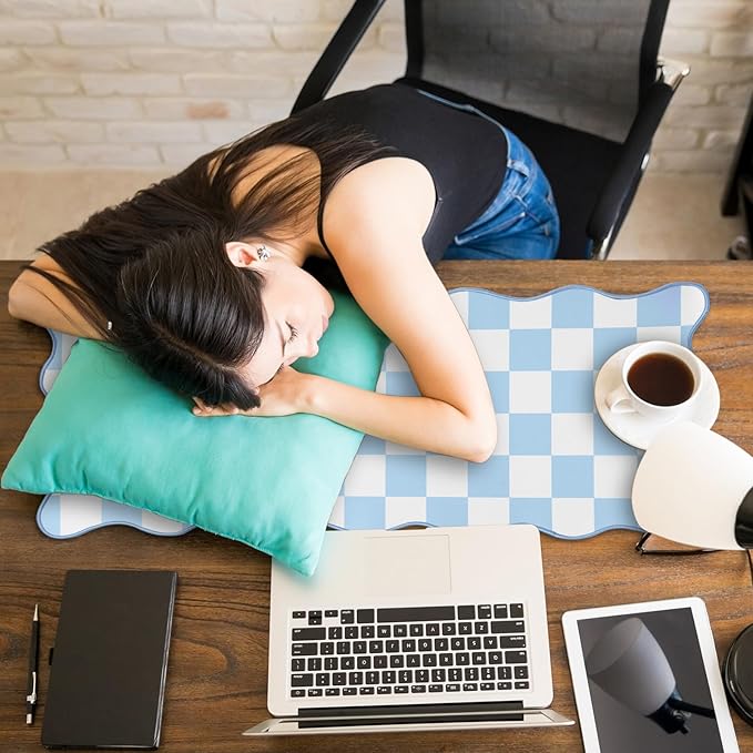 1 Pcs Blue Scalloped Checkered Desk Mat 31.5 x 11.8 Inch Large Cute Mouse Pad Computer Mat Non Slip Waterproof Rubber Base with Border Stitching Soft Keyboard Pad for Home Office Gaming Makeup