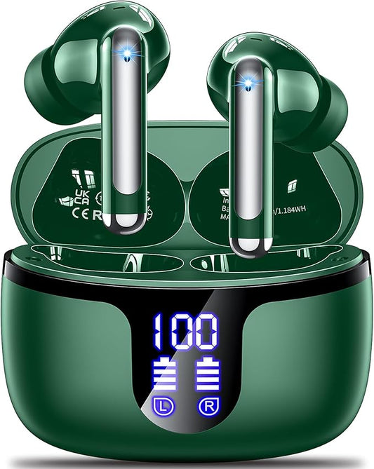 Wireless Earbuds Bluetooth 5.4 Headphones HiFi Stereo 42H Playback in Ear with 4 ENC Noise Cancelling Mic, IPX7 waterproof and LED battery display screen for Running Fitness Office Ear Buds in Green