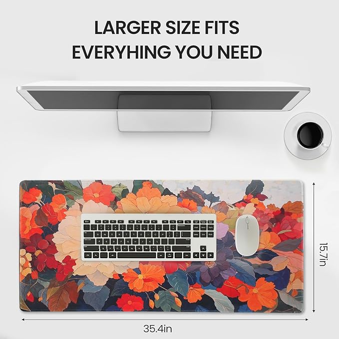 Extended Mouse Pad, Floral Design, 35.4 x 15.7 Inches, Microfiber Cloth Surface, Non-Slip Rubber Base, Rectangular Desk Mat for Gaming and Work