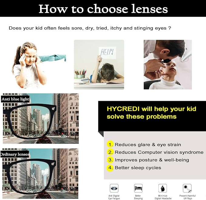 Hycredi Kids Blue Light Blocking Glasses for Boys & Girls – Reduce Eye Strain from Screens, Computer, Gaming, TV & Phone