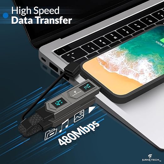 Magnetic 4 in 1 Multi Charging Cable with LED Display, Portable Keychain Charger, Lightning/Type C/USB A/USB C Ports for iPhone iPad Mac AirPods Samsung Google, (65W) Black MFI Certified