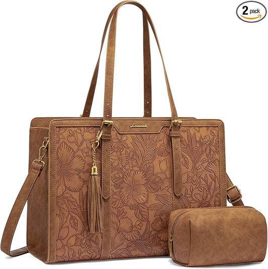 LOVEVOOK Laptop Bag for Women Vintage Leather Work Tote 17.3 inch Large Capacity Computer bag with Clutch Purse for Office, Travel, Casual
