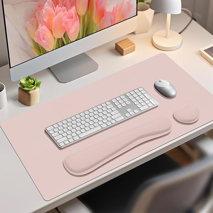 Mouse Pad and Keyboard Wrist Rest, Large Keyboard and Mouse Pad Set, Ergonomic Mousepad with Wrist Rest, Non-Slip Desk Mat Protector for Office, Home (35.4×15.7 Inches, Pink)