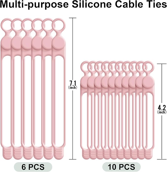 Nearockle Silicone Cable Ties Cord Organizer for Cable Management, 16PCS 4.2" and 7.1" Reusable Cable Organizer Electronic Accessories for Home, Office, Kitchen, School, Travel (Pink) - Image 6