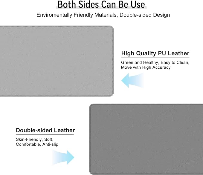 Dual Sided Leather Desk Mat - Waterproof Desk Pad - Ideal for Large Mouse Pad and Desk Mats on Top of Desks (Gray, 33"*13")