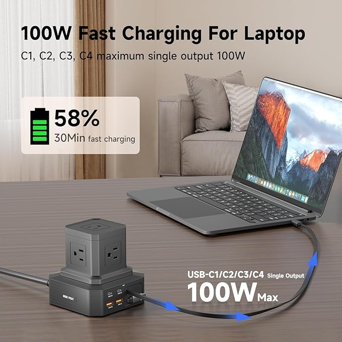 Charging Station (100W), 11-in-1 USB C Power Strip with Surge Protection, 6.6Ft Extension Cord, 4 USB C and 2 USB A Ports, 5 AC Outlets for Home Office Dorm Room