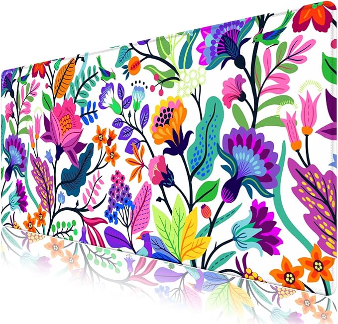 Colorful Flowers Desk Matt for Desktop, Mouse Pad Mat, Desk Mat for Keyboard and Mouse, XXL Large Mouse Pad for Desk, Anti-Slip Big Mousepad with Stitched Edges, Mouse Mat for Computer Laptop Women