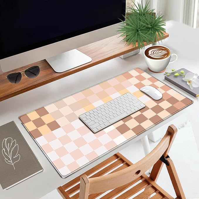 Checkered Boho Desk Mat Beige Pink Mouse Pad XXL Pastel Retro Large Mouse Pad with Stitched Edges, Keyboard Pad Mouse Mat for Computer Aesthetic Office Decor Desk Matt for Desktop 31.5 X 15.7In