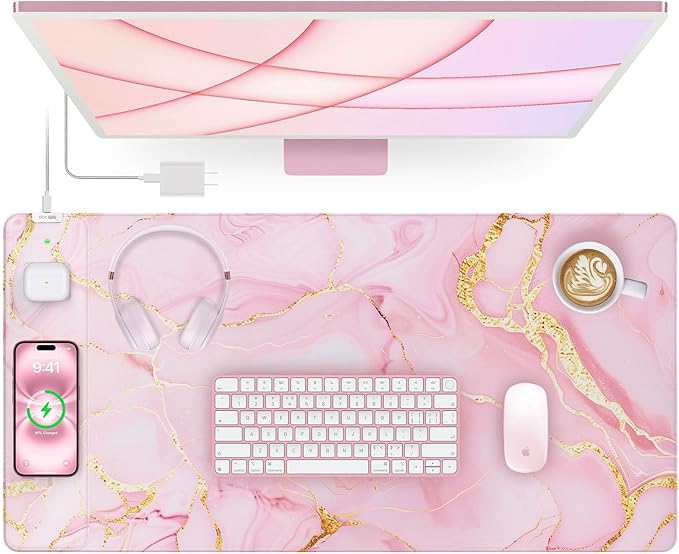 Pink Marble Mouse Pad with 15W Wireless Charging, 31.5"x15.8" Large Gaming Desk Pad/Mat for Women Girls, Waterproof Ultra-Smooth Surface, Non-Slip Base, with 20W PD Adapter