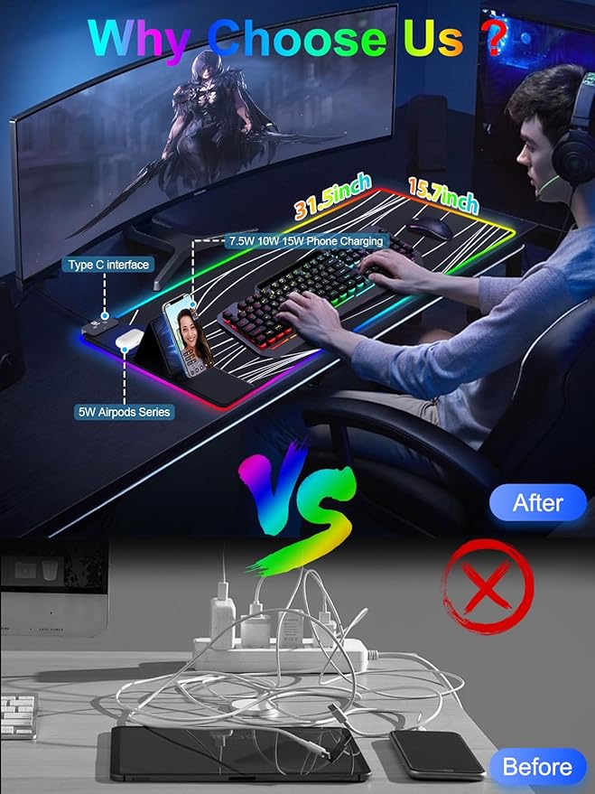 XXL Mouse Pad with Foldable Phone Holder - Black, RGB Desk Mat with 15W Fast Charging, LED Gaming Mousepad with 11 Light Colors, Waterproof Non-Slip Pad (Stand XXL RGB Wavy)