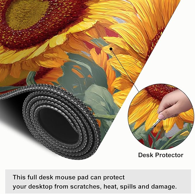 Mouse Pad, Large Anti-Slip with Stitched Edges Desk Mat Desktop Laptop Computer Desk Keyboard Mat,Table Protector Blotter Mat (Sunflower, 35.4" x 15.7")