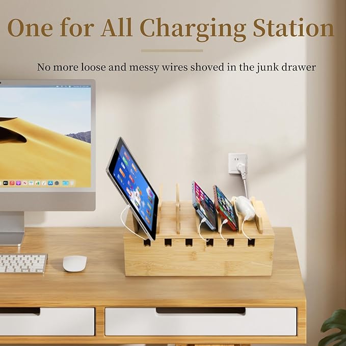 Bamboo Charging Station for Multiple Devices, Desktop Charging Organizer with Removable Divider Slots, Docking Stations Stand for 6 Devices, Compatible with Tablets, iPads, Cell Phone, Laptop