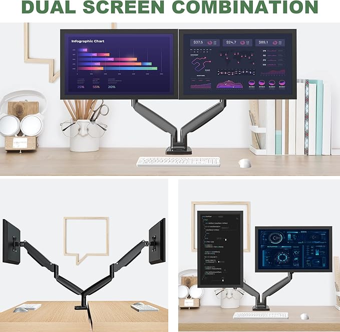 UPGRAVITY Dual Monitor Mount, Dual Monitor Desk Mount for Two Ultrawide 22"-34" Flat/Curved Computer Screens, Fully Adjustable Gas Spring Double Monitor Stand Arms Hold 26.5lbs, VESA 75x75/100x100mm