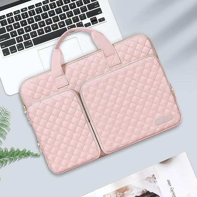 MOSISO 360 Protective Laptop Case 16 inch,15-15.6 inch Laptop Sleeve Compatible with MacBook Pro 16 M5 M4 M3 M2 M1 HP Acer Dell Lenovo,Square Quilted Bag Cover with 2 Pockets&Handle&Belt, Chalk Pink