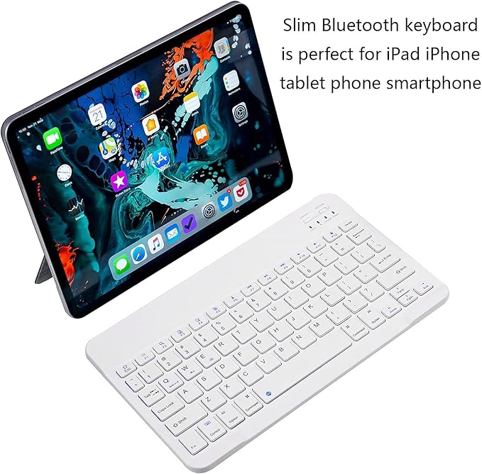 Ultra-Slim Bluetooth Keyboard Portable Mini Wireless Keyboard Rechargeable for Apple iPad iPhone Samsung Tablet Phone Smartphone iPadOS iOS Android (10 inch White)