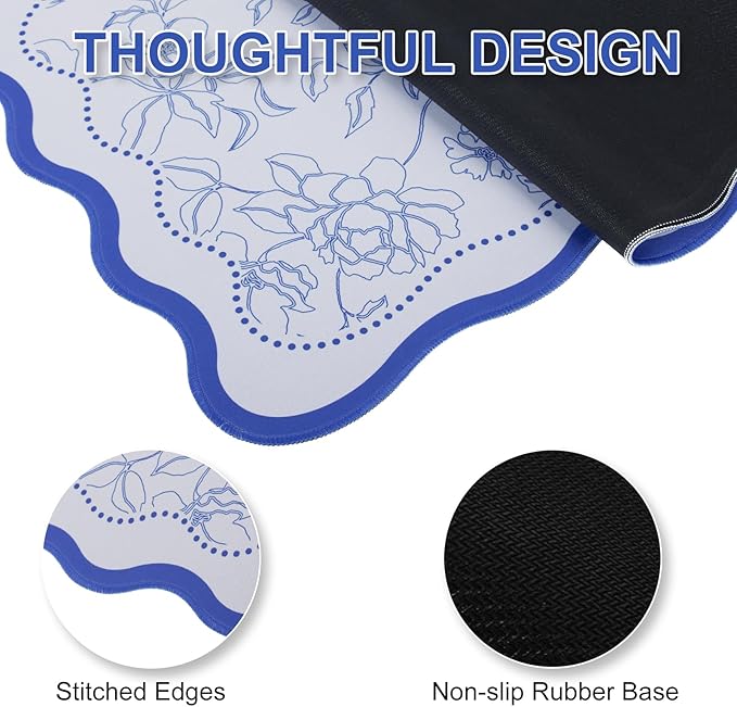 L-SPOUTTO Vintage Floral Mouse Pad,Aesthetic Desk Mat XXL Large Scalloped Gaming Mousepad,35.4x15.7in Non-Slip Keyboard Pad Waterproof Desktop Mat for Laptop Computer Work Game Home Office-Blue