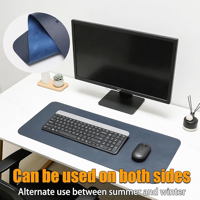 PU Leather Keyboard Mouse Pad 12x24 Inch Non-Slip Desk Protector Mat for Vanity Makeup Laptop, Dark Blue