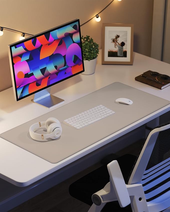 Desk Pad PU Leather Large Mouse Pad Laptop Computer Desk Mat Table Blotter Waterproof Non-Slip Desktop Protector Durable Writing Pad for Office and Home (Beige, 90x43cm)