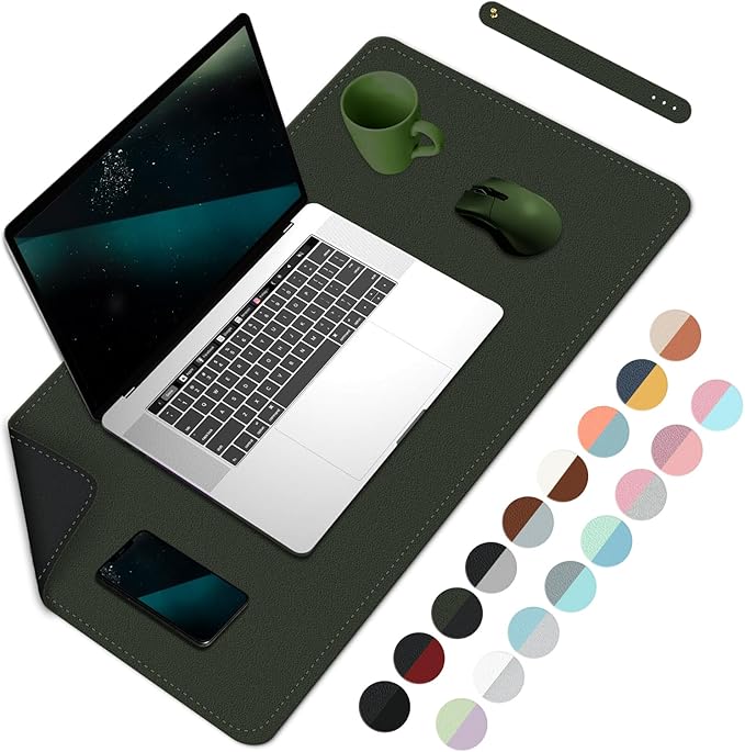 Bleswin Double-Sided Desk Mat, 23.6''×13.8'', PU Leather Mouse Pad, Waterproof Desk Pad, Laptop Leather Desk Mat, Protector for Keyboard and Mouse for Office and Home (Dark Green+Black)