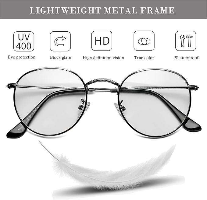 HJSTES Round Blue Light Glasses for Women Men Retro Circle Clear Lens Metal Frame Eyeglasses