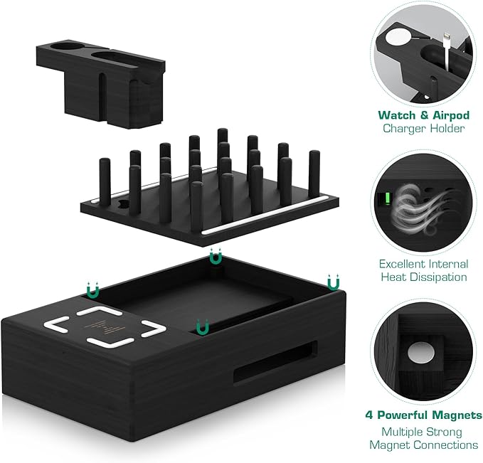 Darfoo Bamboo Charging Station Multiple Devices - Qi Certified Fast Wireless Charger & 7 USB Ports Wood Charging Station for Phones, Tablets, Smart Watches & Earbuds (Black)