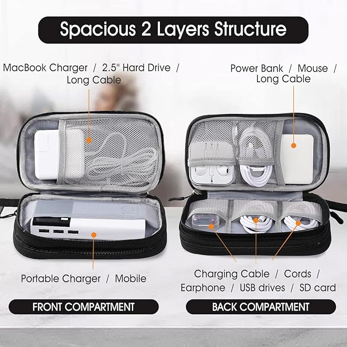 Travel Electronic Organizer Pouch Bag, 3 Compartments Portable Electronic Phone Accessories Storage Multifunctional Case for Cable, Cord, Charger, Hard Drive, Earphone(Black)
