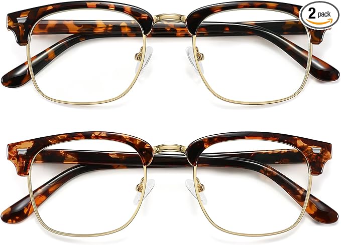 MEETSUN Blue Light Glasses Retro Half Frame Clear Lens - Anti-Eyestrain for Computer, Gaming & Phone Use | Women Men Fashion Bluelight Glasses(Leopard Frame+Tortoiseshell Frame / 2 PACK)