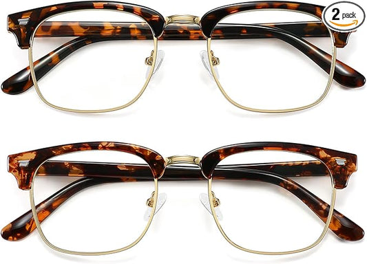 MEETSUN Blue Light Glasses Retro Half Frame Clear Lens - Anti-Eyestrain for Computer, Gaming & Phone Use | Women Men Fashion Bluelight Glasses(Leopard Frame+Tortoiseshell Frame / 2 PACK)