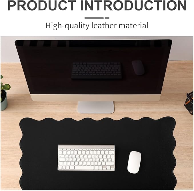Scalloped Desk Mat Leather Desk Pad Protector Non-Slip PU Leather Table Protector Waterproof Mouse Pad Keyboard Mat Curly Mousepad PC Accessories Gift for Office Home (Black)
