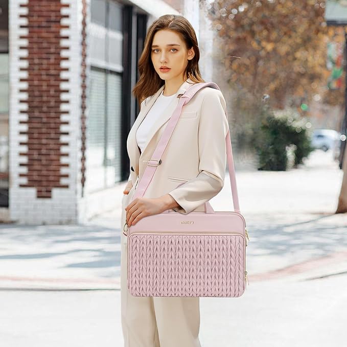 MOSISO 15.6 inch Laptop Shoulder Bag for Women, 15-16 inch Computer Bags Compatible with MacBook Pro 16 inch/Air 15 inch,HP Dell Lenovo ASUS, Wheat Ear Quilted Laptop Bag with Handle&Pocket, Pink