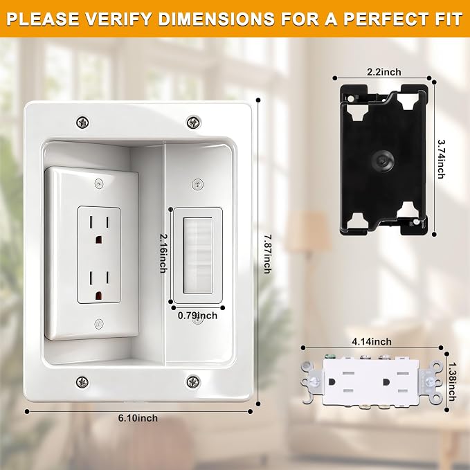Wall Cable Concealer Kit with Recessed Tv Outlet Box-Two-Hole Socket,Tv Cable Hider Wall Kit Hider Box Fits All Plugs, Easy, Safe Cable Management - Image 2
