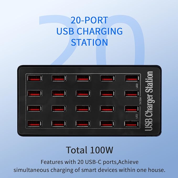 100W 20Port USB Charging Station, Multi USB Charger for Multiple Devices (Black, 1 Pack)