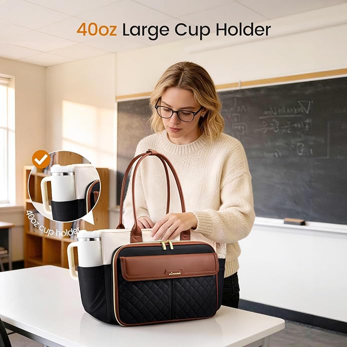 LOVEVOOK Teacher Tote Bag for Women, Laptop Bag Briefcase with Accordion File Pocket, Nurse Handbag for Work, Travel, College | 40oz Cup Holder, Muli-Pockets