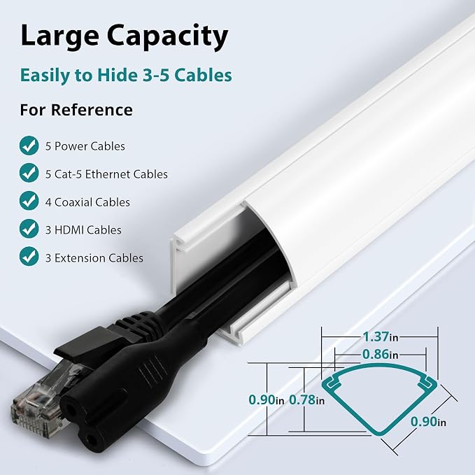 ZhiYo Corner Cable Concealer, Large Corner Cord Hider, Wire Covers for Cords, Paintable Cord Cover, Cable Management Channel Raceway for Wall, Floor Baseboard, Ceiling, White - Image 2