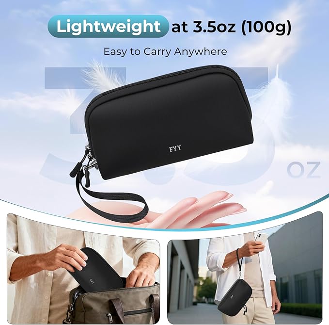 FYY Travel Cable Organizer - 8 Compartments Lightweight Water Resistant Tech Pouch with Wrist Strap, Portable Electronic Accessories Case for Cord Charger Storage for Travel Home Office Black (Large)