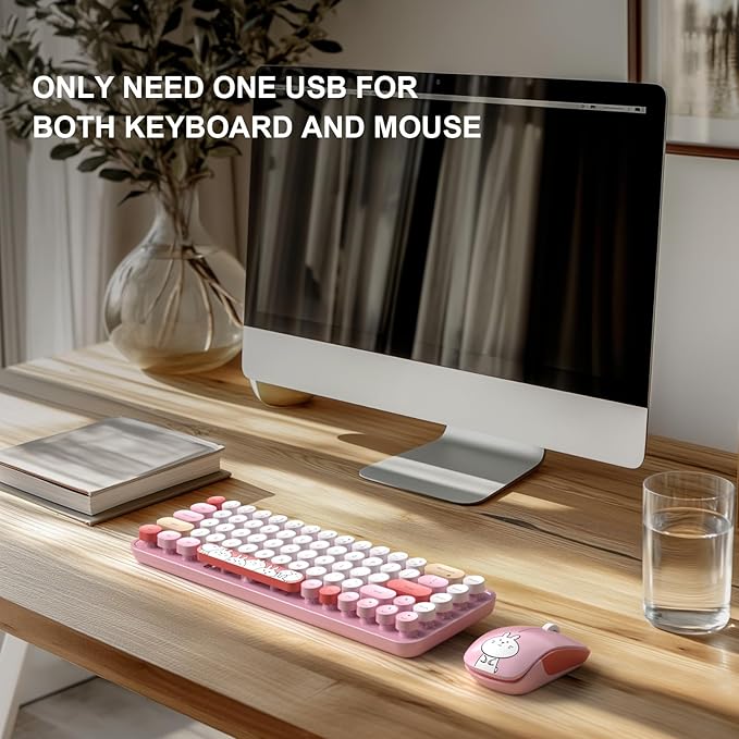FOPETT Wireless Keyboard and Mouse Cute Mouse and Keyboard 2.4G Wireless Keyboards with Colorful 68 Keys Typewriter Retro Round Keycap for PC, Laptop,Tablet,Computer Windows - Pink Colorful