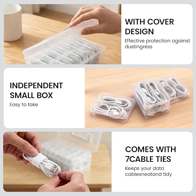 7 Case Portable Cable Storage Box with Handle and Label Stickers, Travel Cord Organizer for Charging Cables, USB Wires, Earphones – Drawer Organization for Home & Office