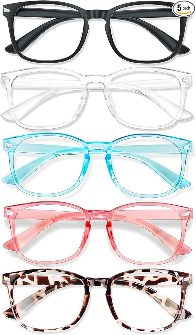 Blue Light Glasses for Woman Men | 99% Blue Light Blocking Glasses for Computer Gaming TV Phone Screen Square Frame | Anti Eyestrain & UV Glare Protection - 5 Pair