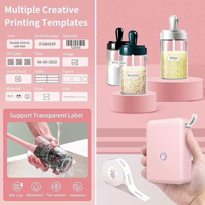 JADENS Label Maker Machine with Tape, Portable Bluetooth Label Printer for Storage, Light Pink