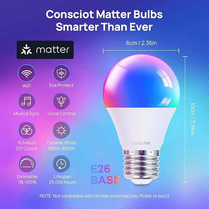 Consciot Smart Light Bulbs, A19 E26 Color Changing LED Bulbs, WiFi & Bluetooth, Matter-Certified, Works with Alexa, Google Home & Siri, No Hub Required, Music Sync, 800 Lumens 60W Equivalent, 4 Pack