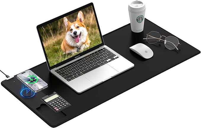 Mouse Pad 31.5x15.75 Inch with Calculator, 15W Magnetic Wireless Charging Desk Mat, XXL Desk Pad, Home Office Large Keyboard Pad with Ultra-Smooth Surface, Non-Slip Base (Black)