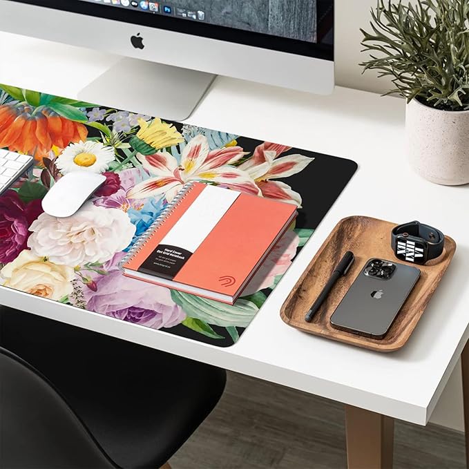 Desk Mat Large Protector Pad 23.6" ×11.8", Non-Slip PU Leather Desk Blotter, Waterproof Mouse Pad for Office Home Bouquet