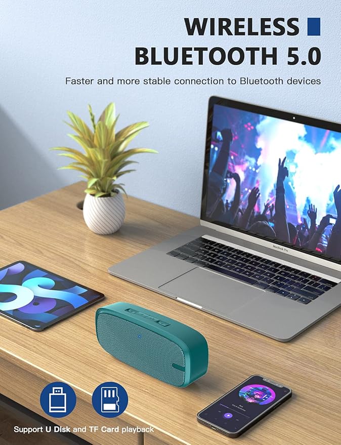 LENRUE Bluetooth Speaker, Wireless Portable Speaker with Loud Stereo Sound, Rich Bass, 12-Hour Playtime, Built-in Mic. Perfect for iPhone, Samsung and More (Green)