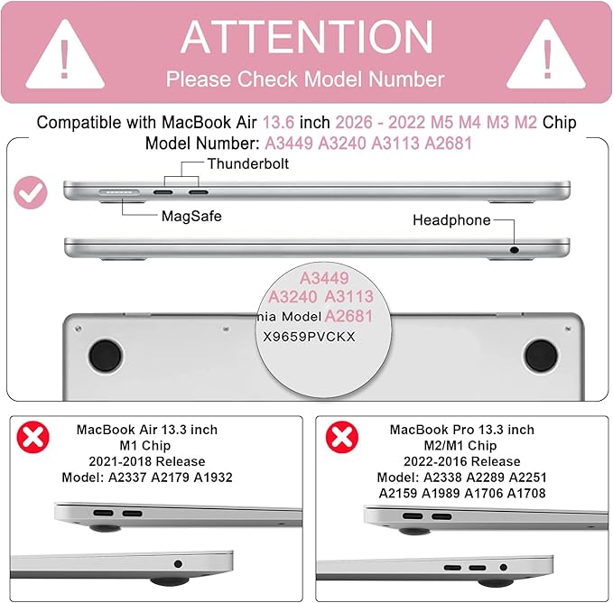 B BELK Compatible with MacBook Air 13.6 inch Case M5 2026 2025 2024 2023 2022 M4 M3 M2 A3449 A3240 A3113 A2681 Liquid Retina Display, Plastic Hard Shell Case+Keyboard Cover+Screen Protector, Baby Pink