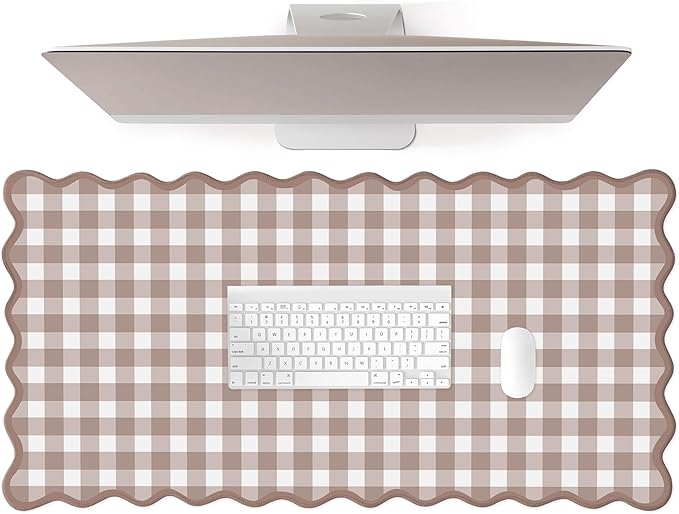Scalloped‌ Checkered Desk Mat Cute Brown Gingham XXL Large Gaming Mouse Pad Farmhouse Cottagecore ‌Vintage‌ Keyboard Computer Mat Pad for Desktop Aesthetic Cozy Office Desk Decor