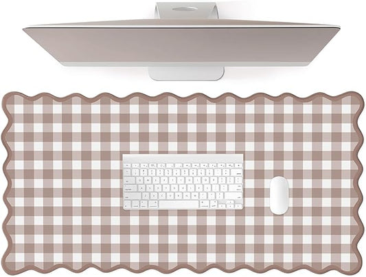 Scalloped‌ Checkered Desk Mat Cute Brown Gingham XXL Large Gaming Mouse Pad Farmhouse Cottagecore ‌Vintage‌ Keyboard Computer Mat Pad for Desktop Aesthetic Cozy Office Desk Decor