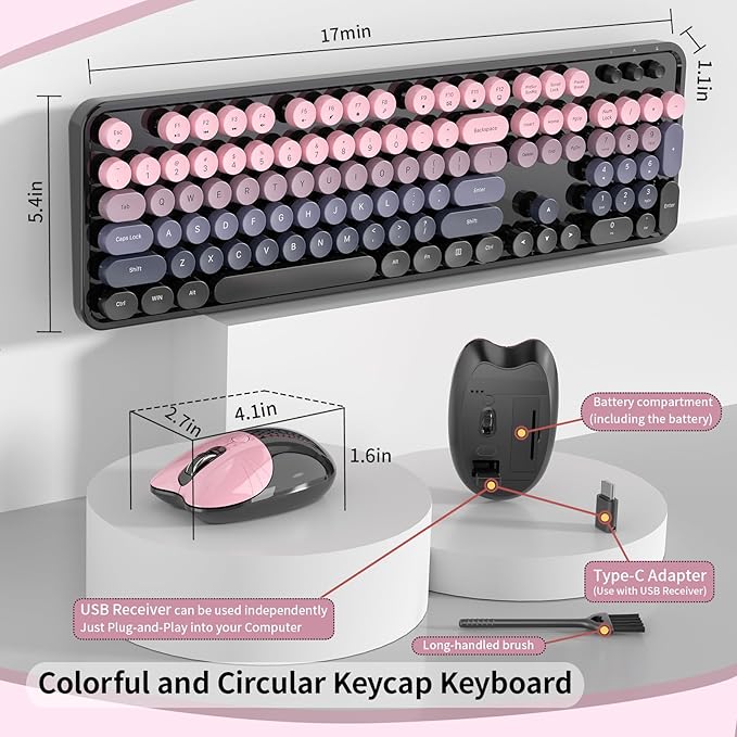 Wireless Keyboard and Mouse, MOFII 104 Round Keycaps Retro Typewriter with OTG & Brush, Full-Size Ergonomic, Ideal for Windows PC, Home, Office and College Peach Pink