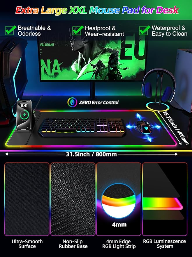 Mouse Pad with Adjustable Phone Stand Dual Wireless Charger, 15W Fast Charging Desk Mat, Extra Large 31.5x15.75 Waterproof Desk Pad for iPhone Samsung Air-Pods, Gaming Mousepad w/ 11&4 RGB