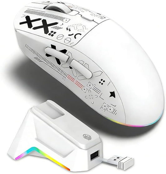 Wireless Gaming Mouse RGB Light, 3 Mode Wired 2.4G BT5.3 12000 DPI 7 Programmable Buttons, Magnetic Charging Dock for PC Laptop Gaming (White)