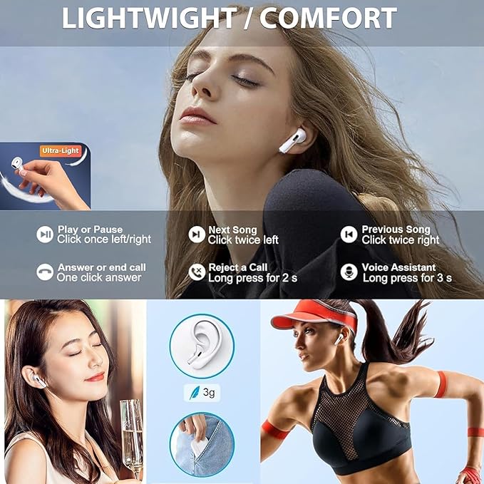 Bluetooth 5.4 Wireless Earbuds Headphones Portable Earbuds with Silicone Cord,50H Playtime Stereo in Ear Buds Built-in 4 ENC Mic Earphone,IP7 Waterproof for Sports Running Workout Helpsleep